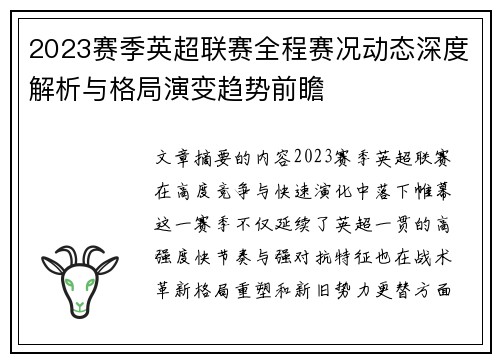 2023赛季英超联赛全程赛况动态深度解析与格局演变趋势前瞻